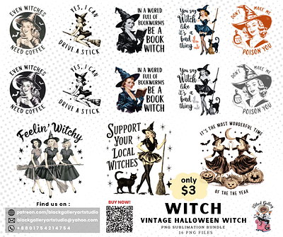 Vintage Halloween Witch PNG Design Bundle heat transfer printing