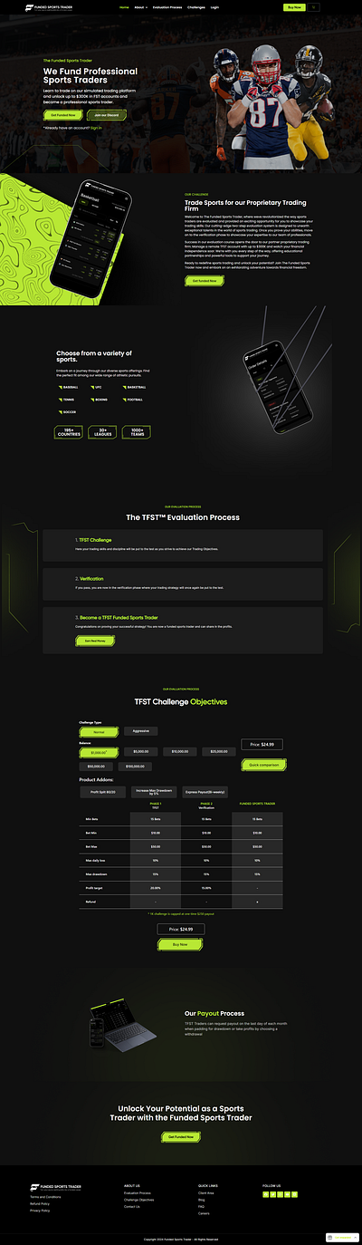 Sports Prop Firm affiliates branding calendar challenge challenges design development figma firm illustration landing page marketing news payment payout prop sports ui uiux ux