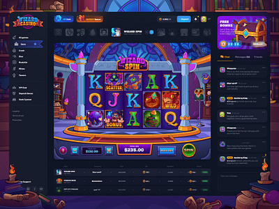 Wizard Casino: Slot Game | Game Page art betting casino dark interface dark mode gambling game illustration game interface gaming magic online page panel slot game slot machine slots ui design uiux web design website