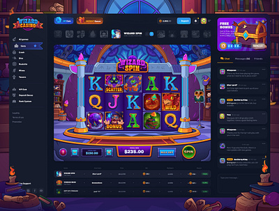 Wizard Casino: Slot Game | Game Page art betting casino dark interface dark mode gambling game illustration game interface gaming magic online page panel slot game slot machine slots ui design uiux web design website