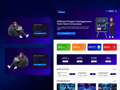 Modern Web Design | For Easy Project Management 3d blue darktheme homepage login logo modern project research signup ui uiux webdesign