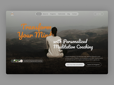 Meditation landing page Light Mode Web Design UI UX coach coaching daily dailyui dailyuichallange dark design framer hero section landing page landing page design meditation mountain orange product design responsive design ui ui ux web design website