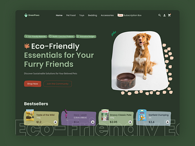 Pet Products landing page Light Mode Web Design UI UX cat daily dailyui dailyuichallange dark design dog eco friendly framer green hero section landing page pet product design responsive design ui ui ux web design website website design