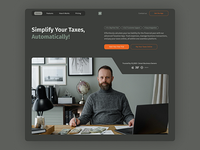 Taxes landing page Dark Mode Web Design UI UX accounting app download daily dailyui dark design framer gery green hero section landing page landing page design orange product design responsive design taxes ui ui ux web design website