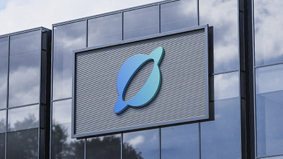 Geometric Planet Saturn Logo Design Icon Mockup on the Building. ai powered clean contemporary logo cosmic branding futuristic geometric logo innovative design logo for tech logo grid minimalist logo modern design negative space orbit planet saturn saturn planet simple space startup branding technology logo