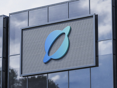 Geometric Planet Saturn Logo Design Icon Mockup on the Building. ai powered clean contemporary logo cosmic branding futuristic geometric logo innovative design logo for tech logo grid minimalist logo modern design negative space orbit planet saturn saturn planet simple space startup branding technology logo