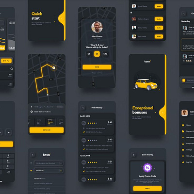 Taxo Ui Kit 3d animation app appui appuikit black blackandyellow branding cab cab app car design graphic design latest rider taxi booking ui uikit uiux web design