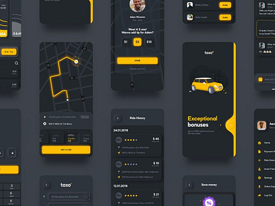 Taxo Ui Kit 3d animation app appui appuikit black blackandyellow branding cab cab app car design graphic design latest rider taxi booking ui uikit uiux web design