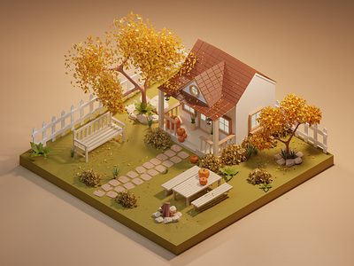 Isometric Autumn Home 3d 3dart autumn blender3d cozy design digitalart environment fall home house illustration isometric low poly render