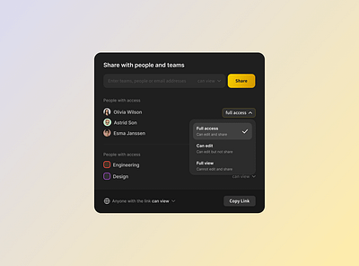 Share with others - UI black dark modal product design saas share sharing ui