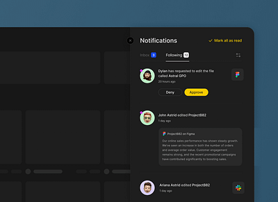 Dashboard notifications - UI black dark dashboard modal notifications product design saas side