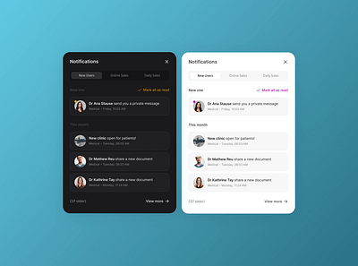 Notifications modal black dashboard list notifications product design saas ui white