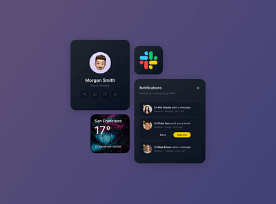 Dashboard UI elements black dark dashboard elements list modal product design saas slack ui user weather