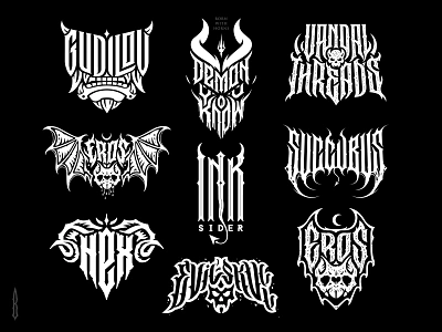 Demonic logos black metal bone branding dark lettering death metal demon demonic devil gothic graphic design horns lettering logotype mask modern night skull succub typography underground logo