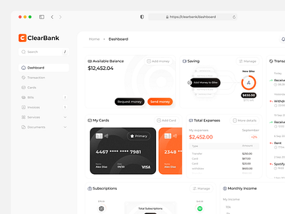 Financial Dashboard - Clear Bank bank ui dashboard banking dashboard dashboard financial dashboard subscription transaction ui bank ui dashboard ui financial