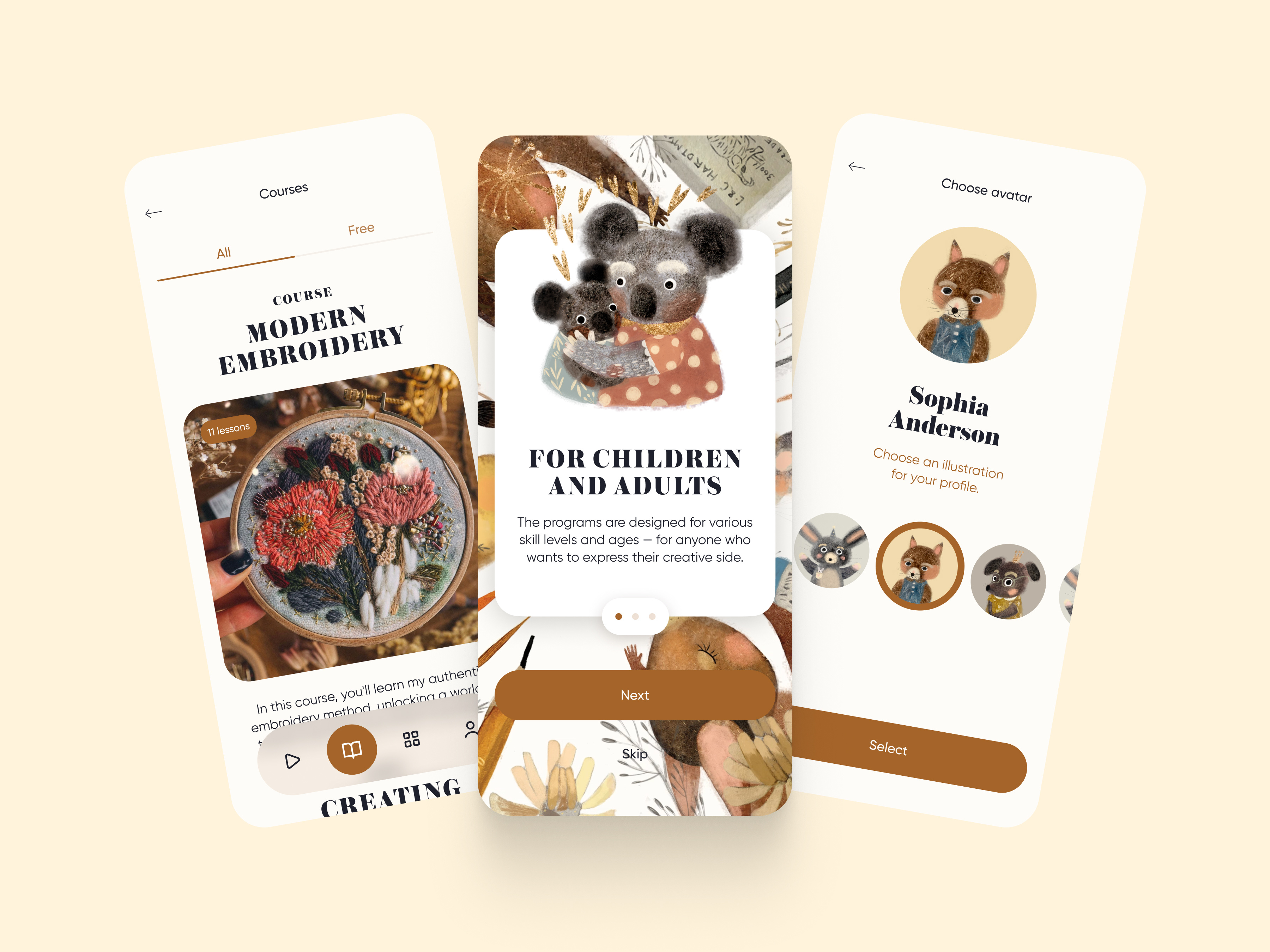 Karina Kino Art School - Mobile App Design app course creative design education illustration learning mobile onboarding school ui ux warm