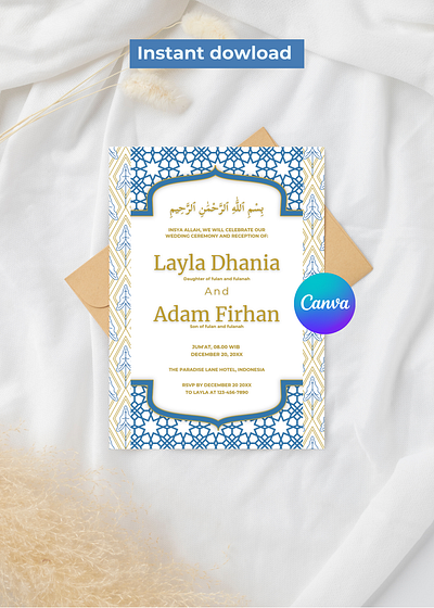 Royal Blue and Gold Islamic Walimah Invitation Template customizable canva invitation design elegant elegant islamic card geometric islamic design gold gold accent wedding card graphic design islamic wedding card islamic wedding invitation modern wedding design muslim muslim walimah template muslim wedding celebration royal blue and gold template traditional islamic motifs walimah