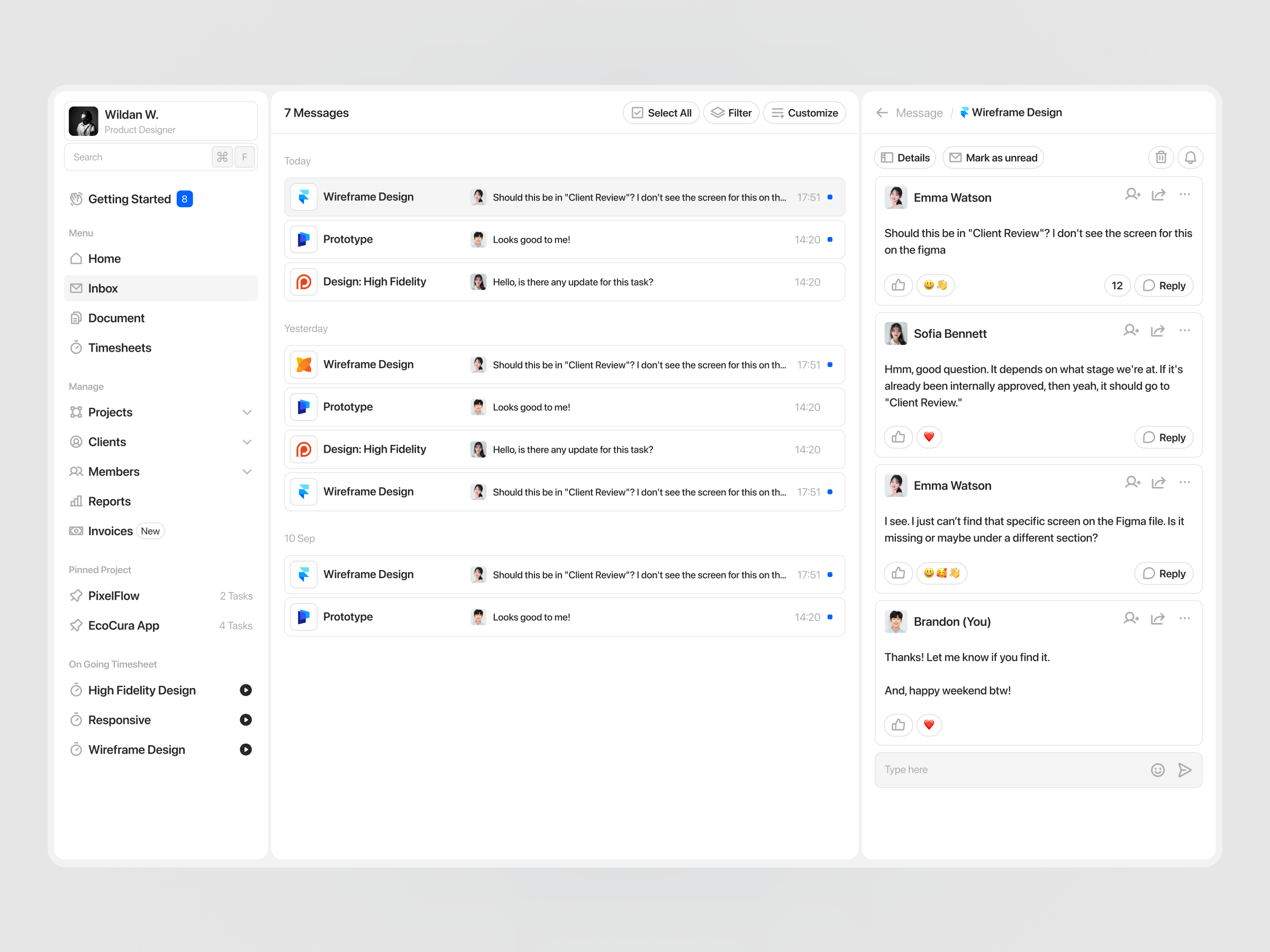 Timing - Chat Room chat clean dashboard discussion inbox manage management message product project reply room saas task time time tracker timesheet tracker web app