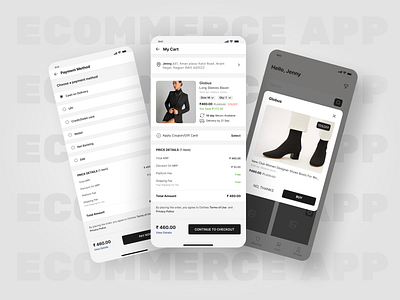 E-commerce App - Mobile App app black blazer checkout clothes coat design e commerce latest mobile mock ups payment ui ui ux user experinece user interface ux visual