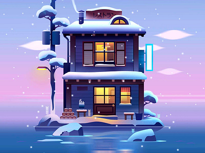 Winter ❄️ ambiance anime cabin city film illustration island japan japanese japanimation light manga mood poster print smooth travel winter