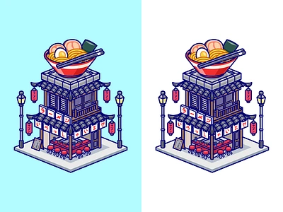 Ramen Shop Isometric🍜⛩️🏮 architecture bowl branding building cartoon chopstick doodle exterior flat food icon illustration isometric japan lamp logo noodle ramen shop