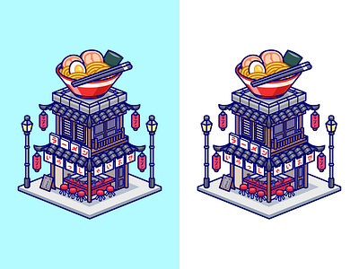 Ramen Shop Isometric🍜⛩️🏮 architecture bowl branding building cartoon chopstick doodle exterior flat food icon illustration isometric japan lamp logo noodle ramen shop