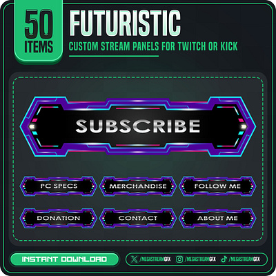 50x Stream Panels Package with Futuristic theme graphic design twitch panel set