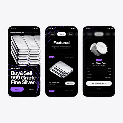 Styx — Silver & Gold Marketplace 3d app branding design mobile shop ui