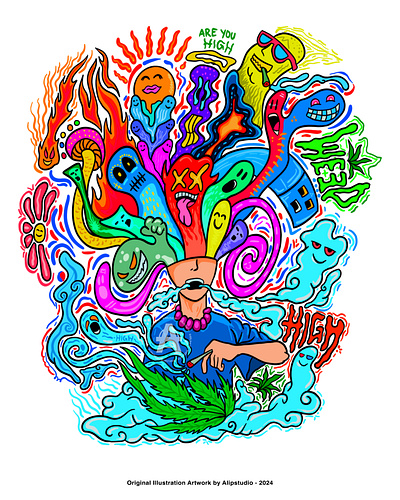 HIGH DOODLES alipstudio artwork digital artwork doodles freelance fun high high times illustration illustrator opentowork poster poster design psychedelic t shirt design weed