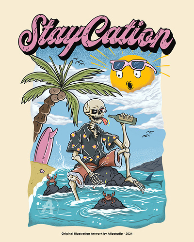 STAYCATION - OUT OF BEER alipstudio artwork beach chill design digital artwork freelance fun illustration illustrator opentowork poster poster design prints summer t shirt design vacation