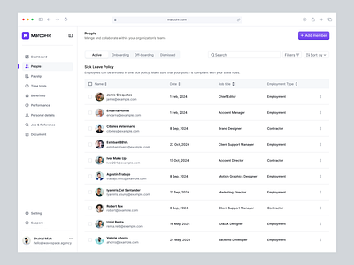 MarcoHR - Employee Management Dashboard admin dashboard dashboard design employee management hr dashboard hr software hr tools human resources management dashboard payroll management payroll product product design saas design ui design uiux ux