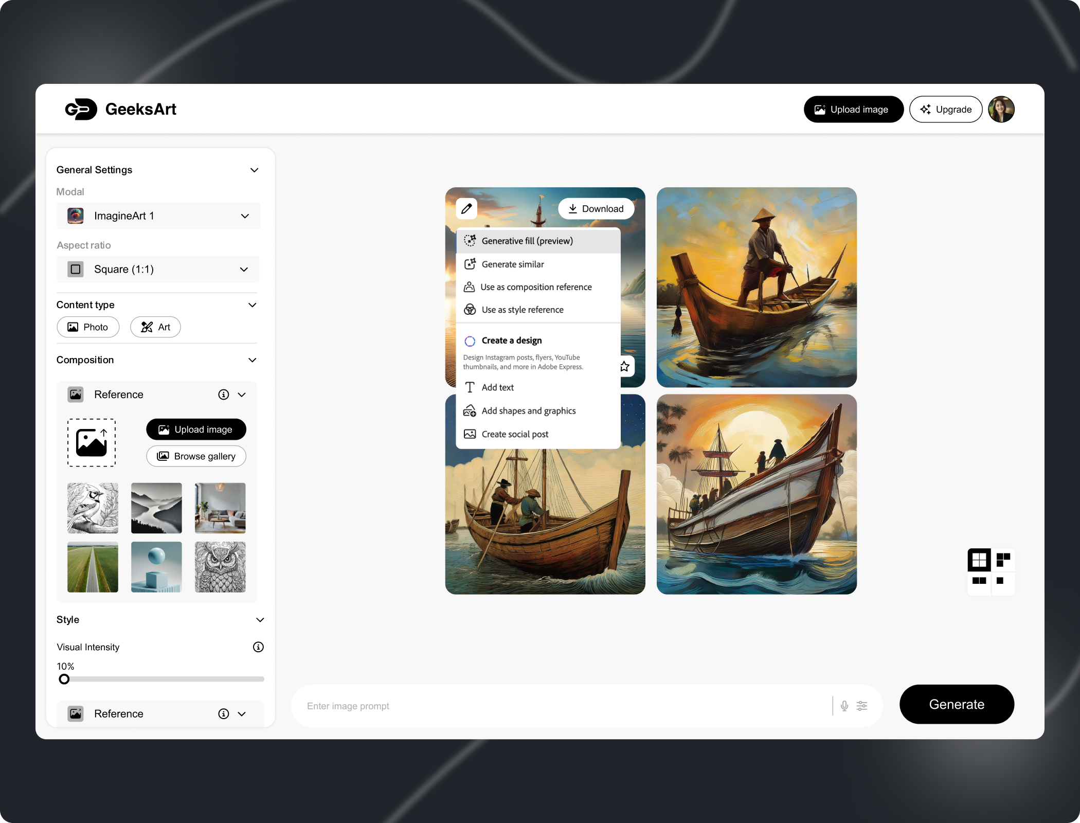 GeeksArt Image Generative Tool, Case-Study ai tool animation artificial intelligence design trend geeks in design geeks in ux geeksart graphic design image generative tool ui interaction design machine learning marketing muhammad nawaz rizvi prototype ui case study ui design video ui kit uiux