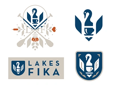 Lakes Fika Emblem Design badge design branding cafe coffee coffee shop cup emblem heart illustration lake lettering logo logo design love minnesota monogram mug print swan tea