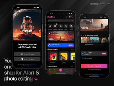 PixelPro - AI Photo Editor ai animation app app ui camera dark mode editing figma gallery graphic design image editor landing page photo editor product design software ui studio ui ui design ui ux website design