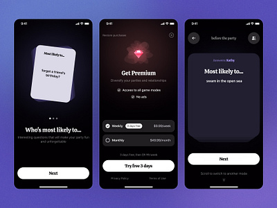 Most likely to... iOS App app cards dark theme game ios most likely to onboarding party paywall swipe
