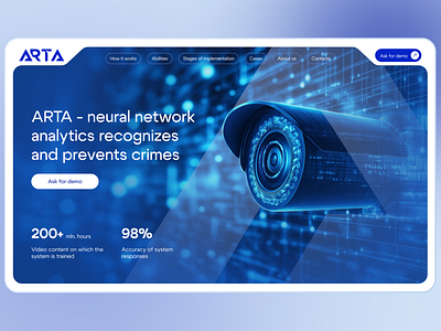 Landing page design for an automatic security system ai blue camera design figma hightech illustration landingpage security ui web webdesign website