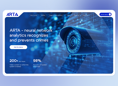 Landing page design for an automatic security system ai blue camera design figma hightech illustration landingpage security ui web webdesign website