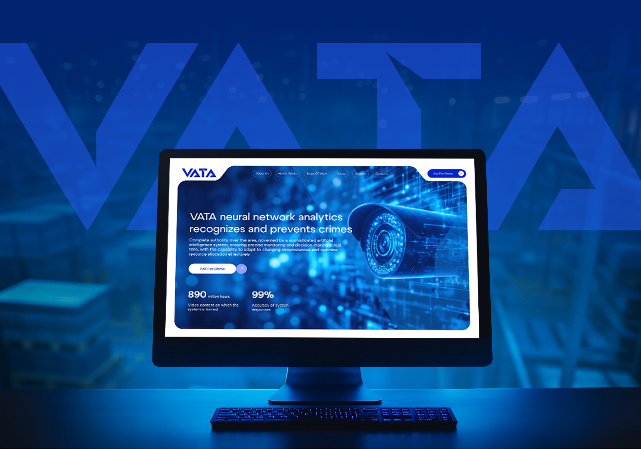Landing page design for an automatic security system ai blue camera design figma hightech illustration landingpage security ui web webdesign website