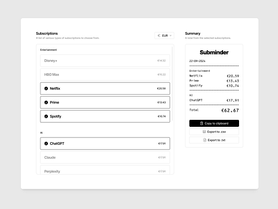 Subscription Calculator: Overview app calculate calculator currency desktop finances fintech math minimal product product design sass sub subscription sum summarize ui ux