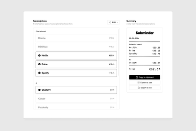 Subscription Calculator: Overview app calculate calculator currency desktop finances fintech math minimal product product design sass sub subscription sum summarize ui ux