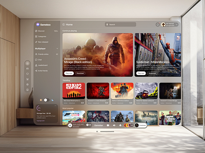 Spatial UI - Gaming Platform apple design apple ui apple vision ui blur ui dashboad design game ui gaming platform spatial spatial ui ui ui design ui trends uiux ux ux design vision vision pro vision ui