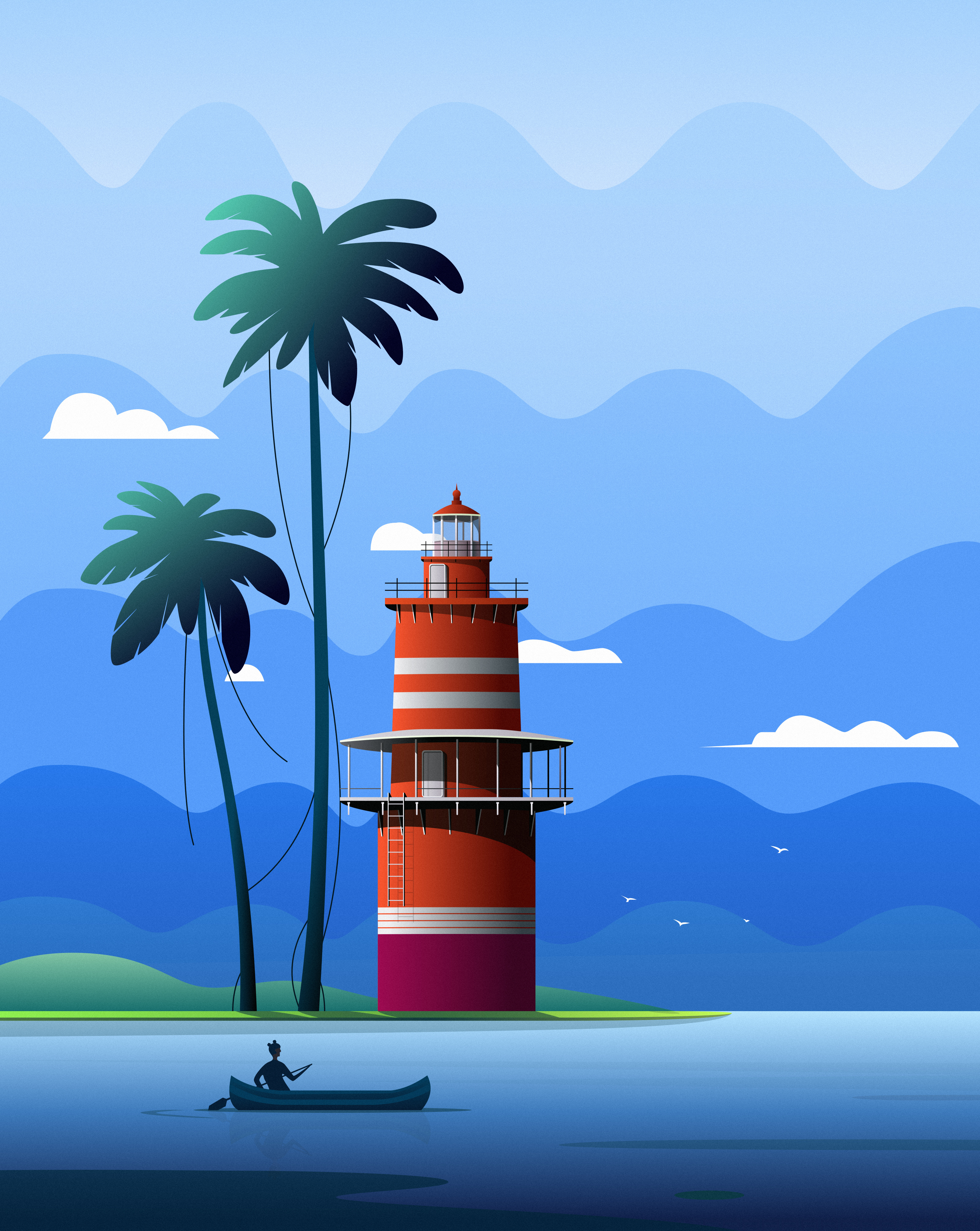 Lonely Island blue boat boating cloud digital illustration drawing illustration island landscape lighthouse mountain nature painting people seaside sky tree vector vector illustration wallpaper