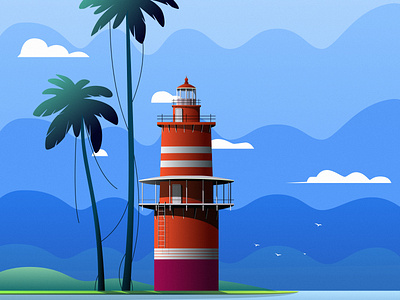 Lonely Island blue boat boating cloud digital illustration drawing illustration island landscape lighthouse mountain nature painting people seaside sky tree vector vector illustration wallpaper