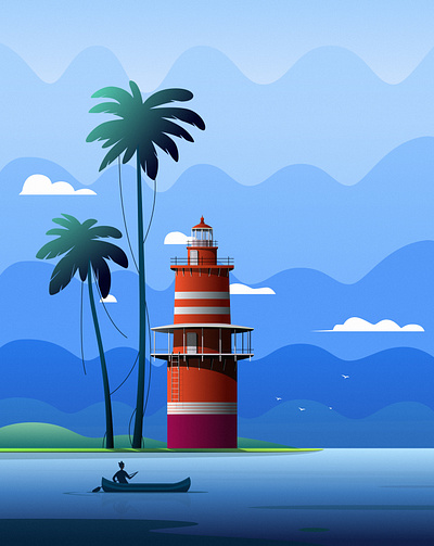 Lonely Island blue boat boating cloud digital illustration drawing illustration island landscape lighthouse mountain nature painting people seaside sky tree vector vector illustration wallpaper