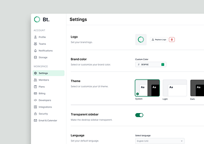 Bt. App Settings UI account clean dark mode dashboard details light mode page profile saas settings theme ui ux website