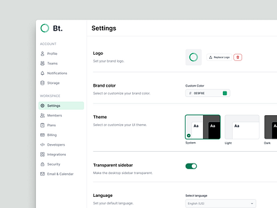 Bt. App Settings UI account clean dark mode dashboard details light mode page profile saas settings theme ui ux website