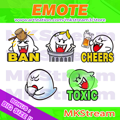 Twitch Emotes Cute Ghost Boo ban, trash, cheers, sip & toxic animated emotes anime ban hammer boo boo emotes cheers cute design discord emote emotes ghost illustration mario sip emotes sub badge super mario bros toxic trash twitch emotes