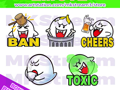 Twitch Emotes Cute Ghost Boo ban, trash, cheers, sip & toxic animated emotes anime ban hammer boo boo emotes cheers cute design discord emote emotes ghost illustration mario sip emotes sub badge super mario bros toxic trash twitch emotes