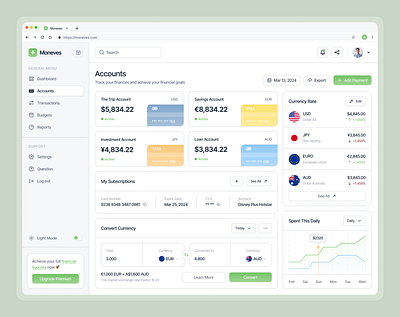 Moneves - Accounts Dashboard account account page clean dashboard design finance finance dashboard fintech graph income management minimalist money saving spending statistics ui ux wallet website