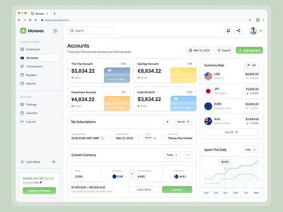 Moneves - Accounts Dashboard account account page clean dashboard design finance finance dashboard fintech graph income management minimalist money saving spending statistics ui ux wallet website